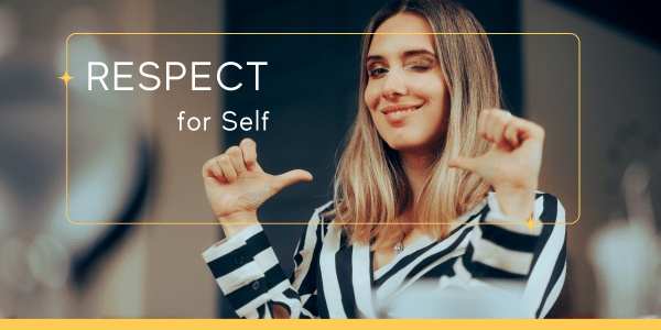 A confident woman in a black and white striped shirt winks and gestures with both thumbs pointing to herself, symbolizing self-identity and knowing how to define personal values.