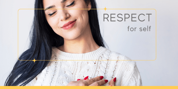 Young woman with dark brown hair in a white sweater gently hugging herself, eyes closed, smiling contently. She is practicing self-affirmation to build self-respect for emotional regulation, radiating calm and inner peace.